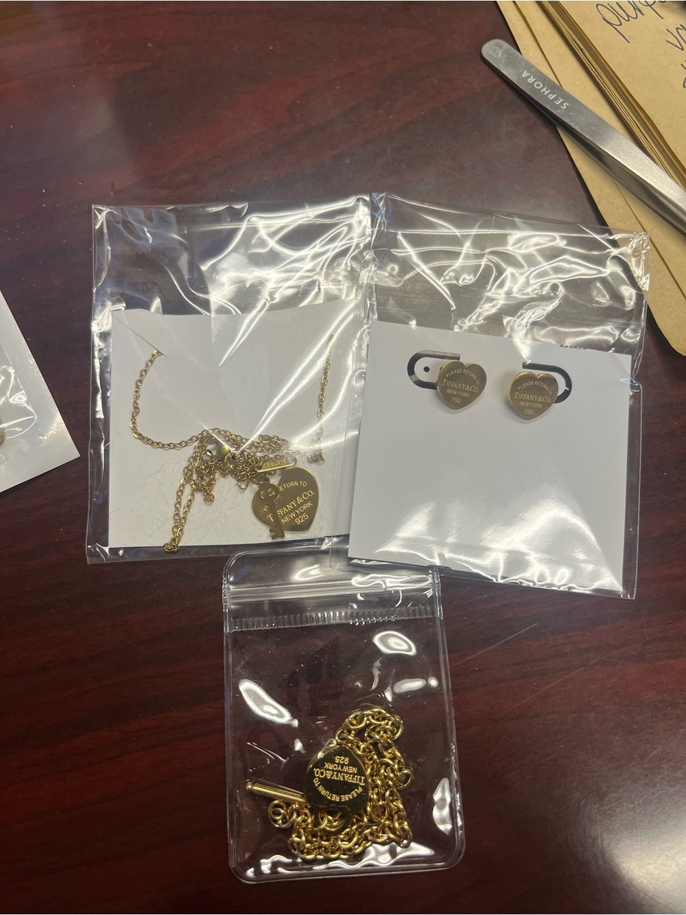 Tiffany & Co. Gold Heart Necklace and Matching Heart Stud Earrings Set bracelet